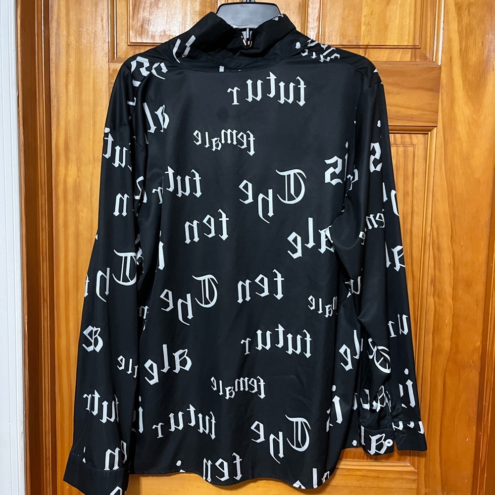 Black with white lettering button down blouse